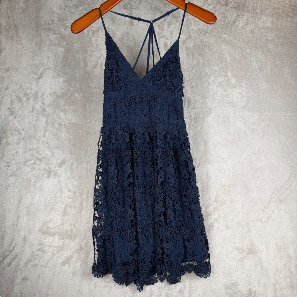 Navy Blue Floral Guipure Lace‎ Strappy Back Mini Dress Fit & Flare Boutique